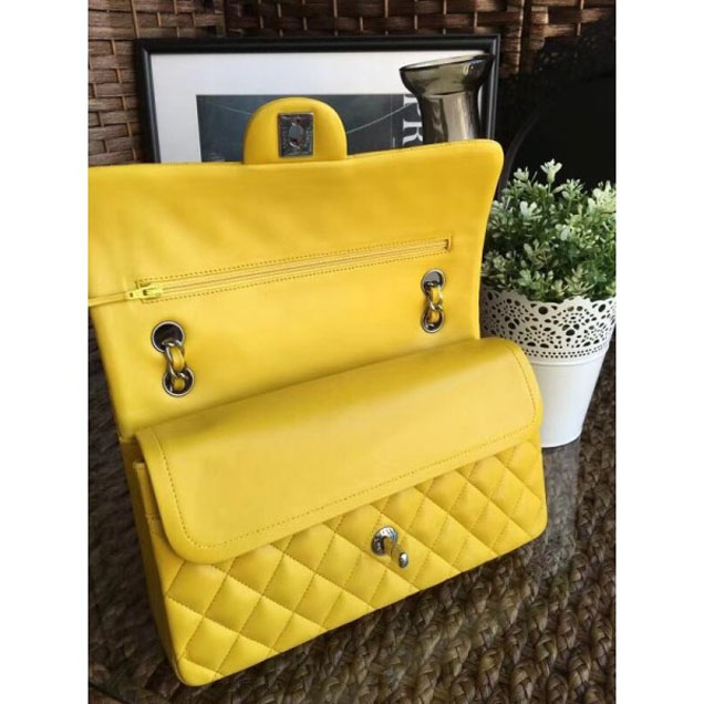 Chanel Classic Flap Medium Bag A1112 Yellow in Sheepskin Leather with Silver Hardware