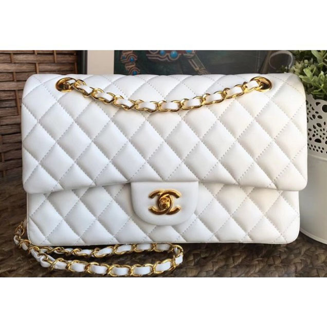 Chanel Classic Flap Medium Bag A1112 White in Sheepskin Leather with Gold Hardware