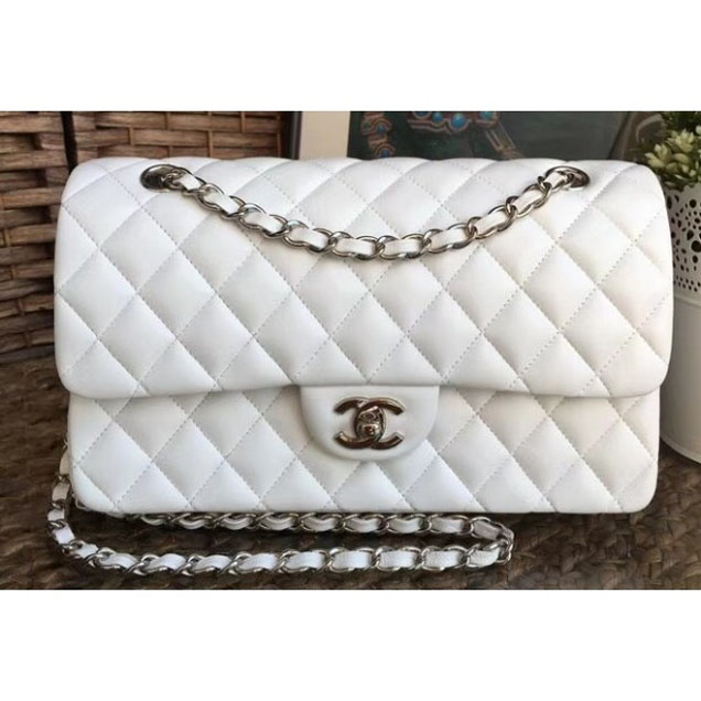 Chanel Classic Flap Medium Bag A1112 White in Sheepskin Leather with Silver Hardware