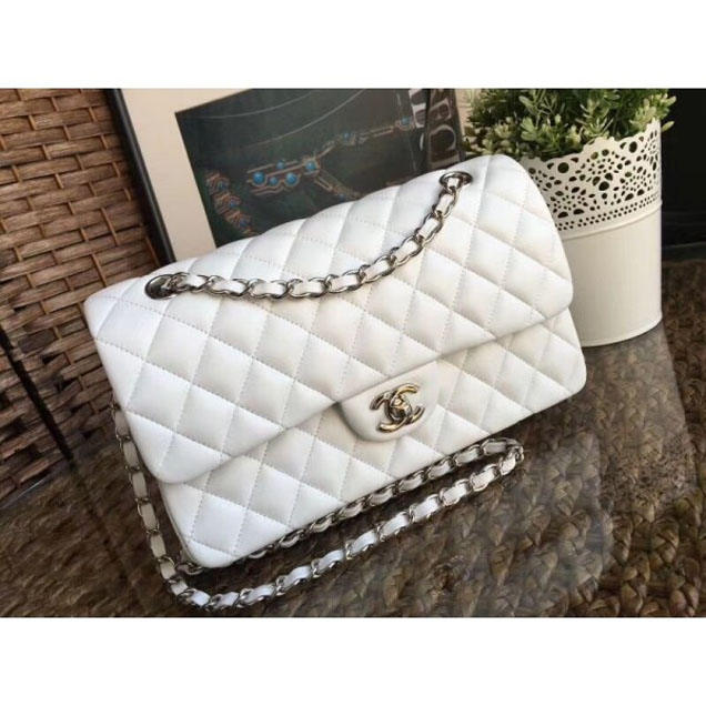 Chanel Classic Flap Medium Bag A1112 White in Sheepskin Leather with Silver Hardware