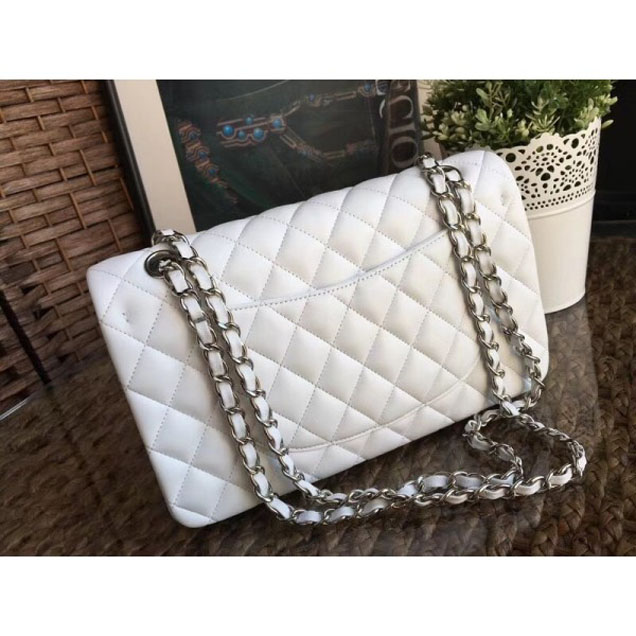 Chanel Classic Flap Medium Bag A1112 White in Sheepskin Leather with Silver Hardware