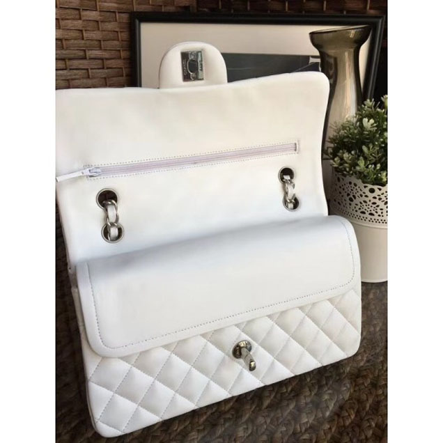 Chanel Classic Flap Medium Bag A1112 White in Sheepskin Leather with Silver Hardware