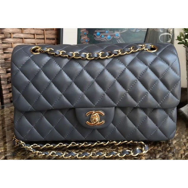 Chanel Classic Flap Medium Bag A1112 Gray in Sheepskin Leather with Gold Hardware