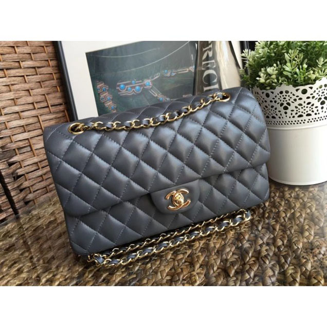 Chanel Classic Flap Medium Bag A1112 Gray in Sheepskin Leather with Gold Hardware