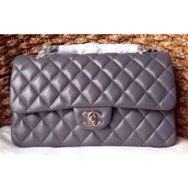 Chanel Classic Flap Medium Bag A1112 Gray in Sheepskin Leather with Silver Hardware