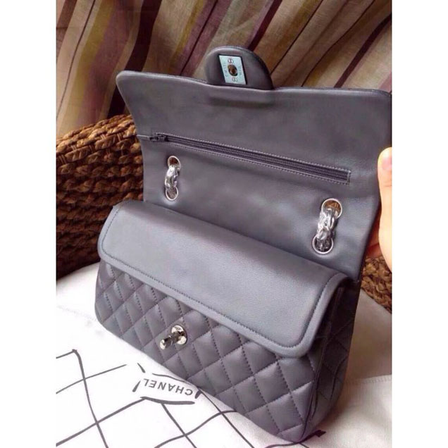 Chanel Classic Flap Medium Bag A1112 Gray in Sheepskin Leather with Silver Hardware