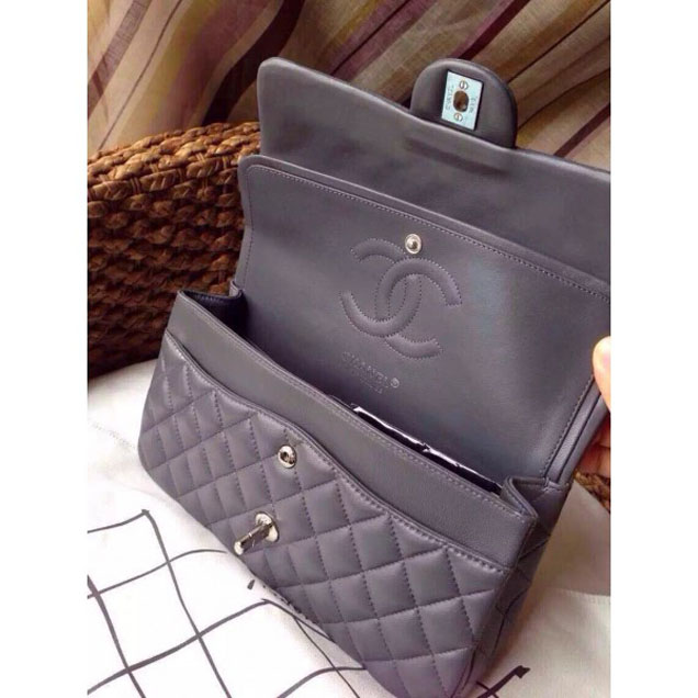 Chanel Classic Flap Medium Bag A1112 Gray in Sheepskin Leather with Silver Hardware