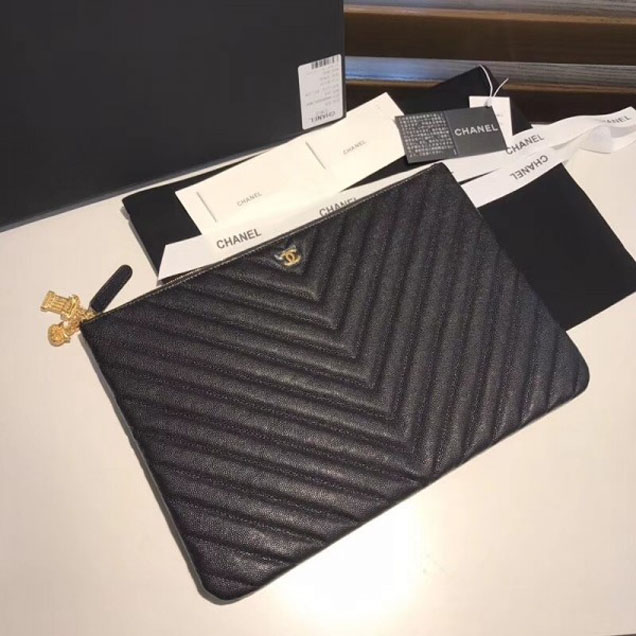 Chanel Caviar Leather Owl Charms Chevron Pouch Clutch Large Bag A82545 Black 2018