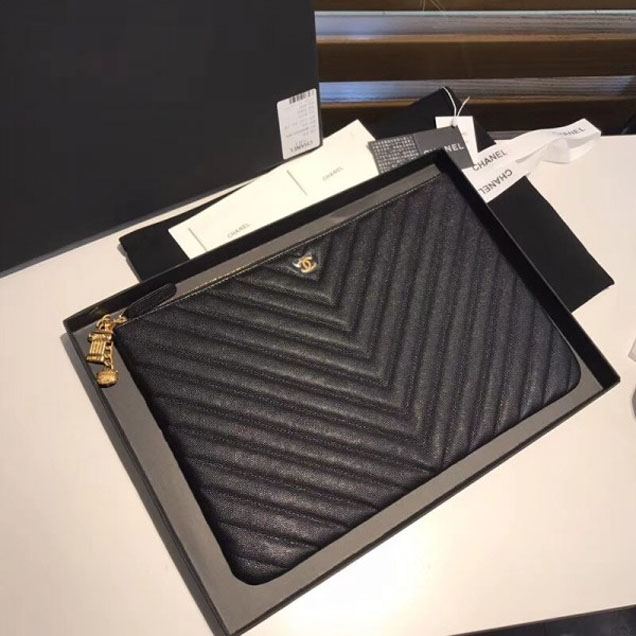Chanel Caviar Leather Owl Charms Chevron Pouch Clutch Large Bag A82545 Black 2018