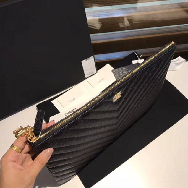 Chanel Caviar Leather Owl Charms Chevron Pouch Clutch Large Bag A82545 Black 2018