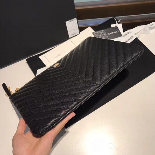 Chanel Caviar Leather Owl Charms Chevron Pouch Clutch Large Bag A82545 Black 2018