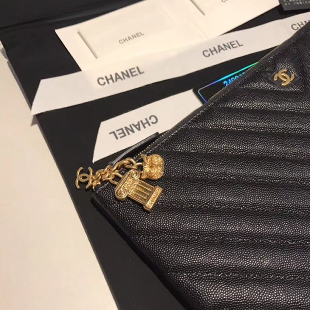 Chanel Caviar Leather Owl Charms Chevron Pouch Clutch Large Bag A82545 Black 2018