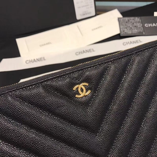 Chanel Caviar Leather Owl Charms Chevron Pouch Clutch Large Bag A82545 Black 2018