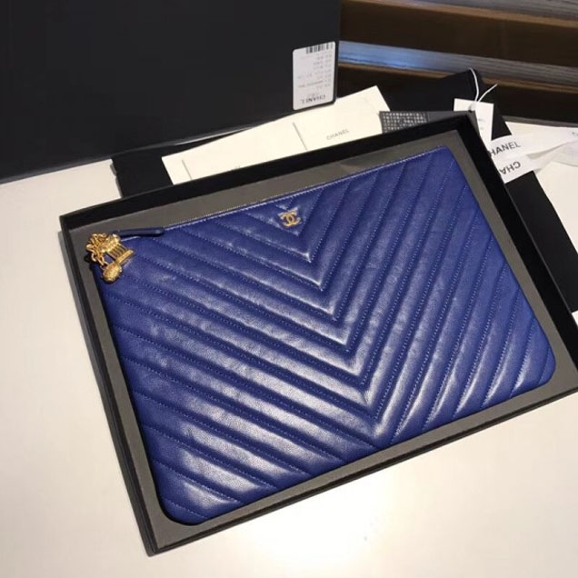 Chanel Caviar Leather Owl Charms Chevron Pouch Clutch Large Bag A82545 Blue 2018