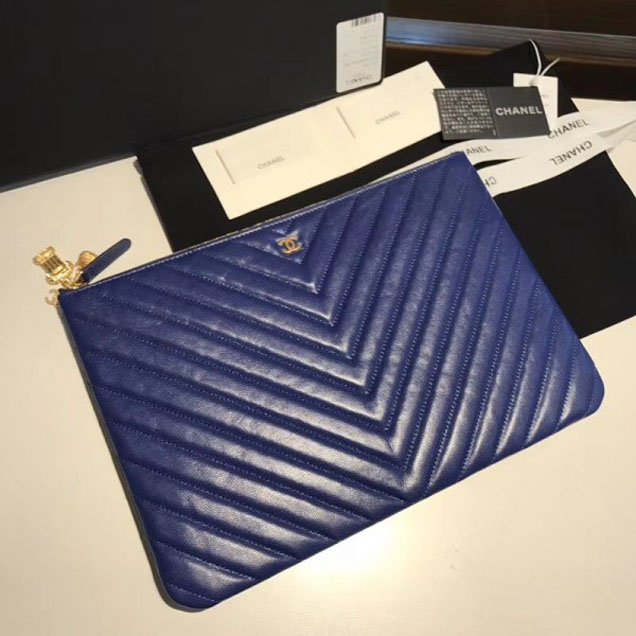 Chanel Caviar Leather Owl Charms Chevron Pouch Clutch Large Bag A82545 Blue 2018