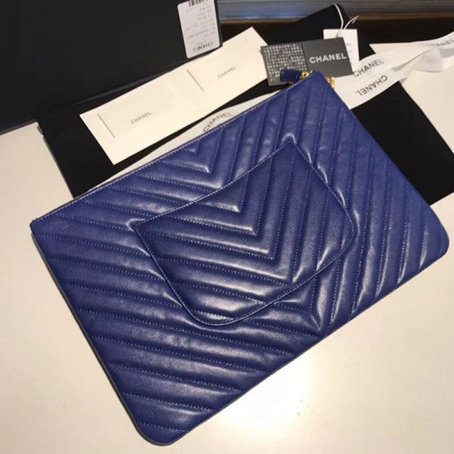 Chanel Caviar Leather Owl Charms Chevron Pouch Clutch Large Bag A82545 Blue 2018