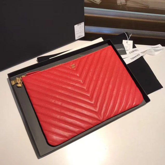 Chanel Caviar Leather Owl Charms Chevron Pouch Clutch Large Bag A82545 Red 2018