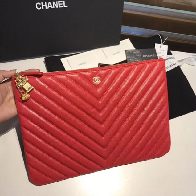 Chanel Caviar Leather Owl Charms Chevron Pouch Clutch Large Bag A82545 Red 2018