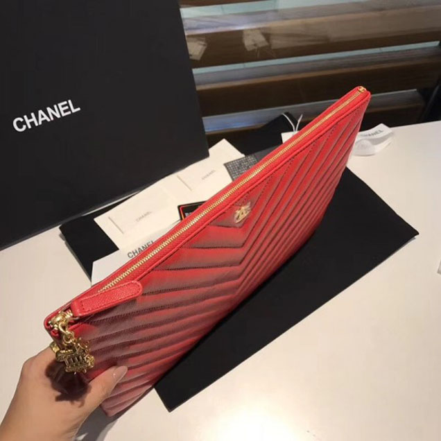 Chanel Caviar Leather Owl Charms Chevron Pouch Clutch Large Bag A82545 Red 2018