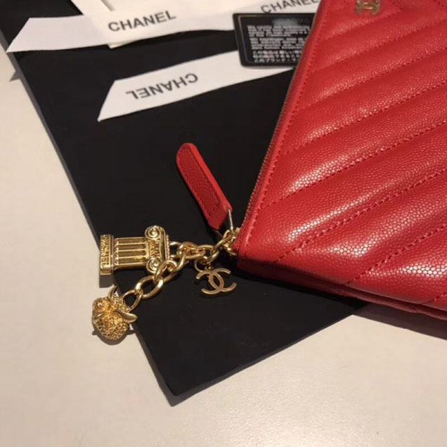 Chanel Caviar Leather Owl Charms Chevron Pouch Clutch Large Bag A82545 Red 2018