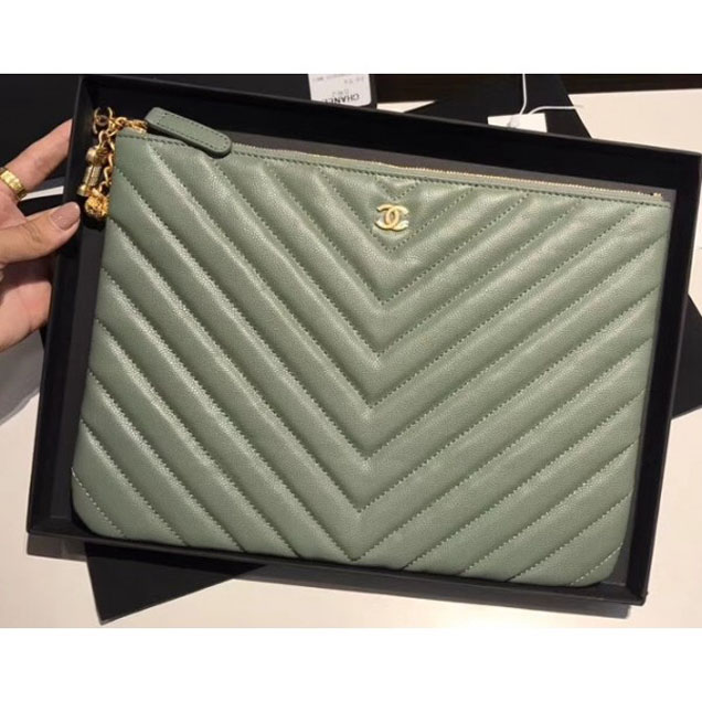 Chanel Caviar Leather Owl Charms Chevron Pouch Clutch Small Bag A82545 Green 2018