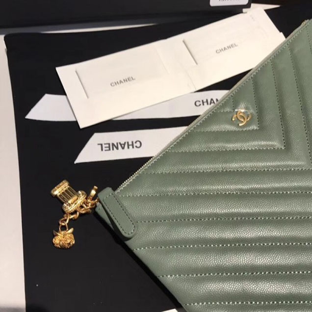 Chanel Caviar Leather Owl Charms Chevron Pouch Clutch Small Bag A82545 Green 2018