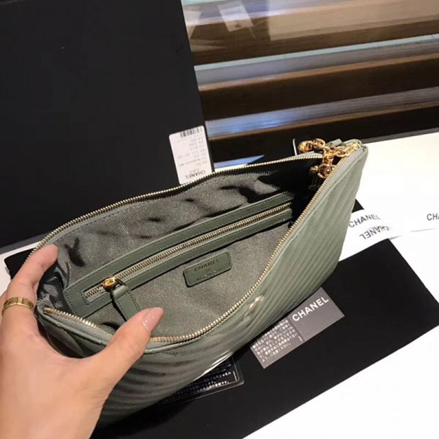 Chanel Caviar Leather Owl Charms Chevron Pouch Clutch Small Bag A82545 Green 2018