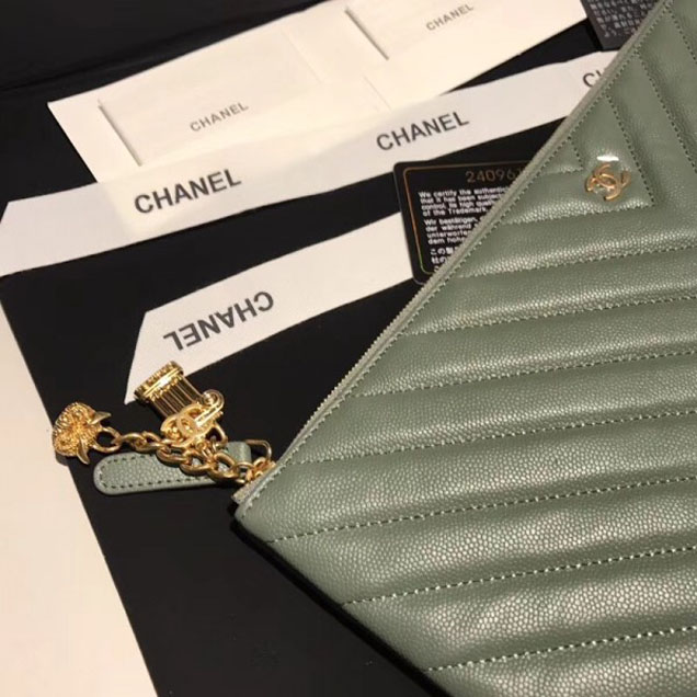 Chanel Caviar Leather Owl Charms Chevron Pouch Clutch Large Bag A82545 Green 2018