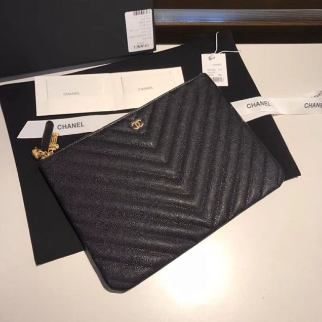 Chanel Caviar Leather Owl Charms Chevron Pouch Clutch Small Bag A82545 Black 2018