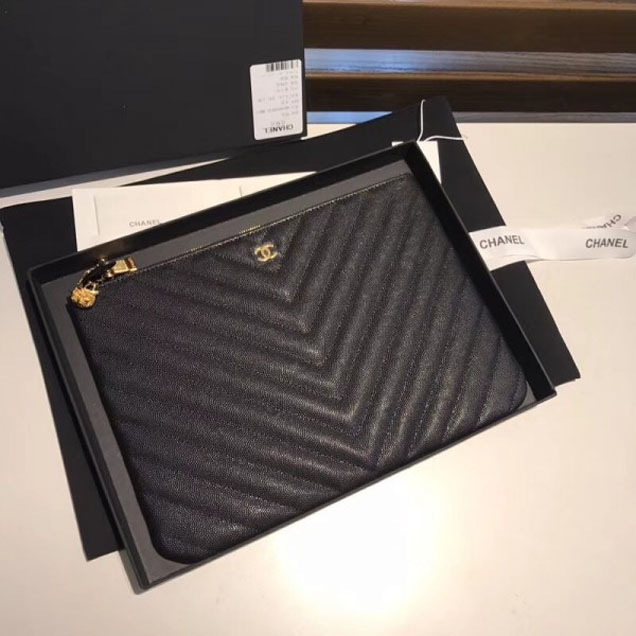 Chanel Caviar Leather Owl Charms Chevron Pouch Clutch Small Bag A82545 Black 2018