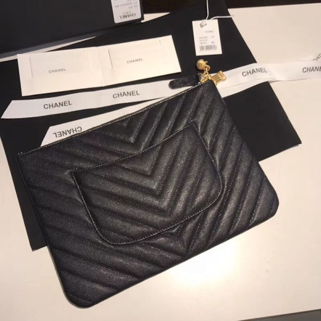 Chanel Caviar Leather Owl Charms Chevron Pouch Clutch Small Bag A82545 Black 2018