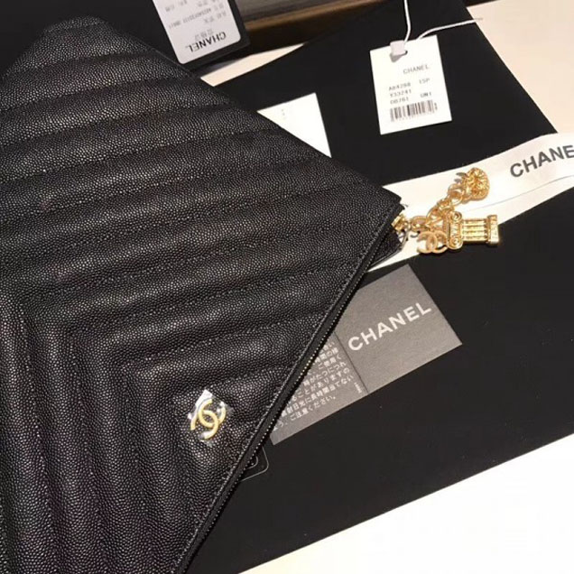 Chanel Caviar Leather Owl Charms Chevron Pouch Clutch Small Bag A82545 Black 2018