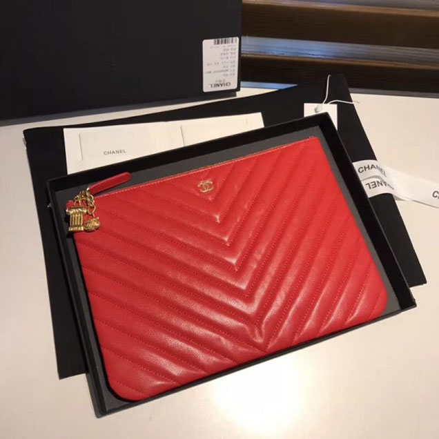 Chanel Caviar Leather Owl Charms Chevron Pouch Clutch Small Bag A82545 Red 2018