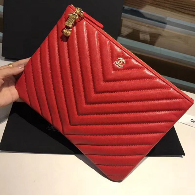 Chanel Caviar Leather Owl Charms Chevron Pouch Clutch Small Bag A82545 Red 2018