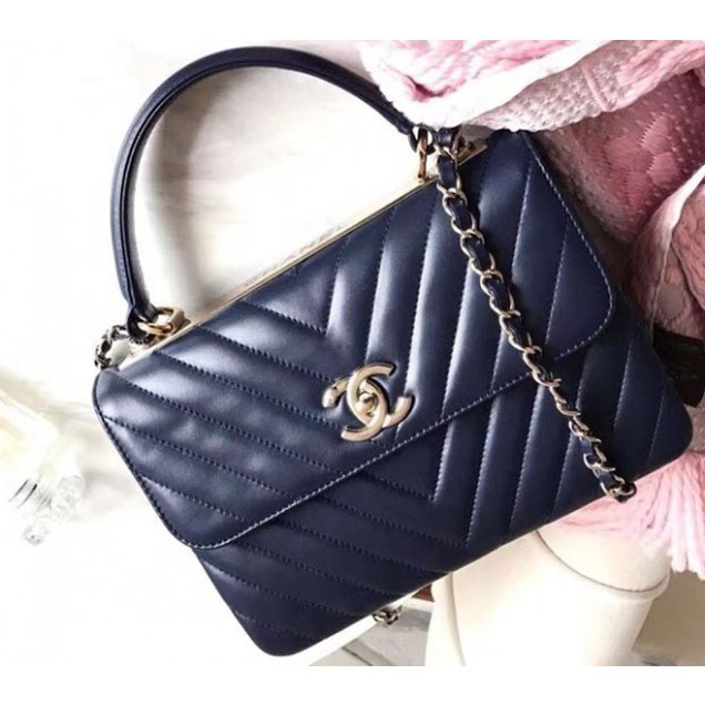 Chanel Chevron Trendy CC Small Flap Top Handle Bag A92236 Navy Blue 2018