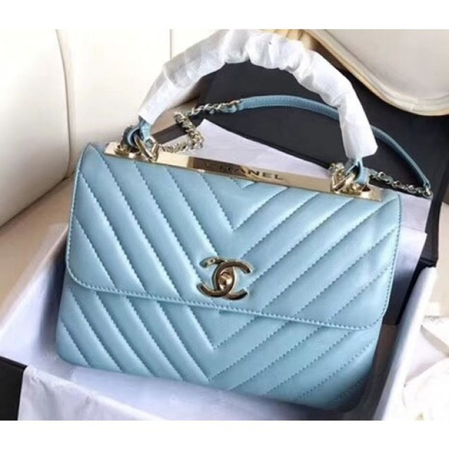 Chanel Chevron Trendy CC Small Flap Top Handle Bag A92236 Light Blue 2018