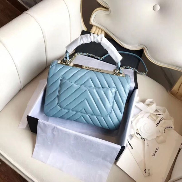 Chanel Chevron Trendy CC Small Flap Top Handle Bag A92236 Light Blue 2018