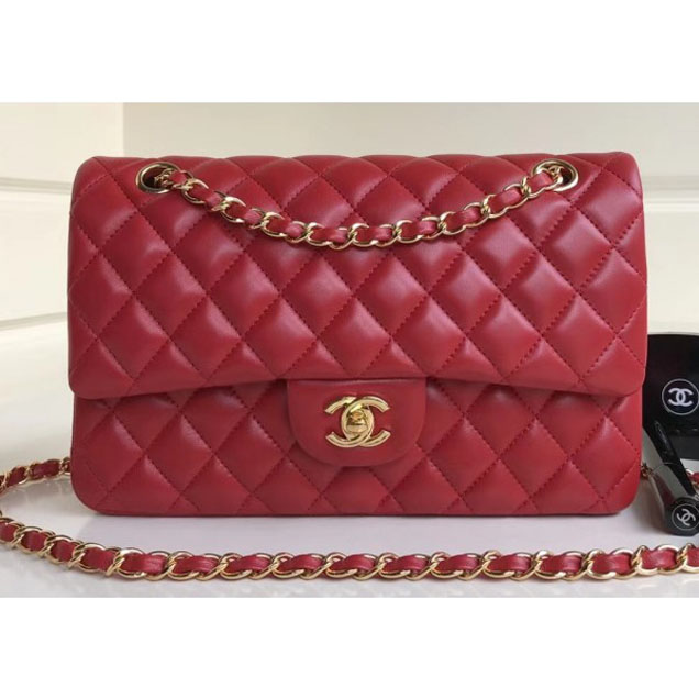 Chanel Classic Flap Medium Bag A1112 Red in Sheepskin Leather with Gold Hardware