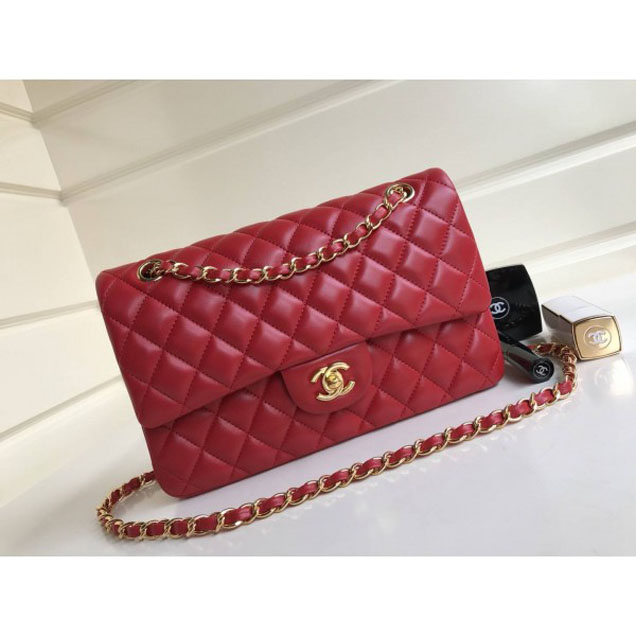 Chanel Classic Flap Medium Bag A1112 Red in Sheepskin Leather with Gold Hardware