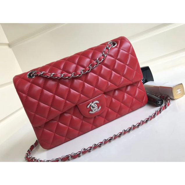 Chanel Classic Flap Medium Bag A1112 Red in Sheepskin Leather with Silver Hardware
