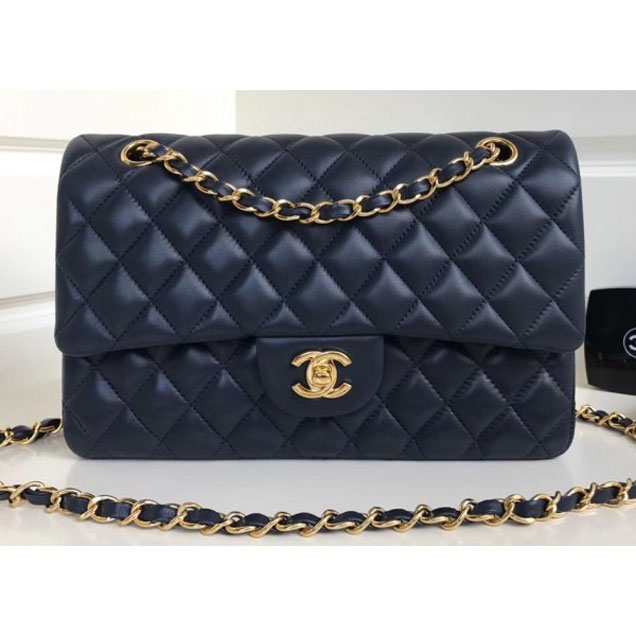 Chanel Classic Flap Medium Bag A1112 Navy Blue in Sheepskin Leather with Gold Hardware