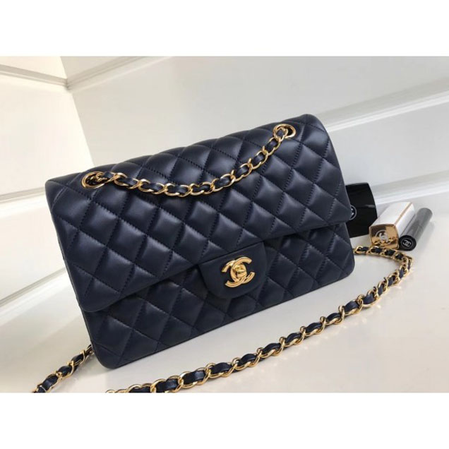 Chanel Classic Flap Medium Bag A1112 Navy Blue in Sheepskin Leather with Gold Hardware