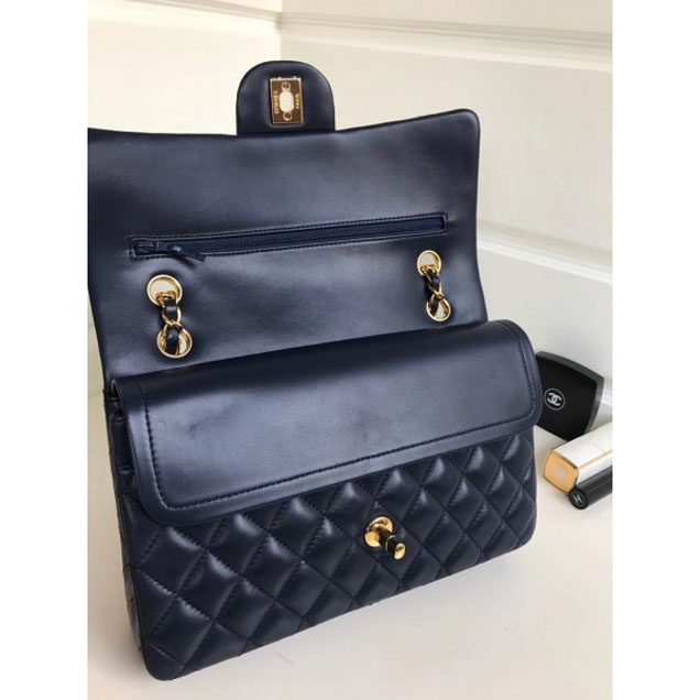Chanel Classic Flap Medium Bag A1112 Navy Blue in Sheepskin Leather with Gold Hardware