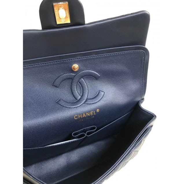 Chanel Classic Flap Medium Bag A1112 Navy Blue in Sheepskin Leather with Gold Hardware