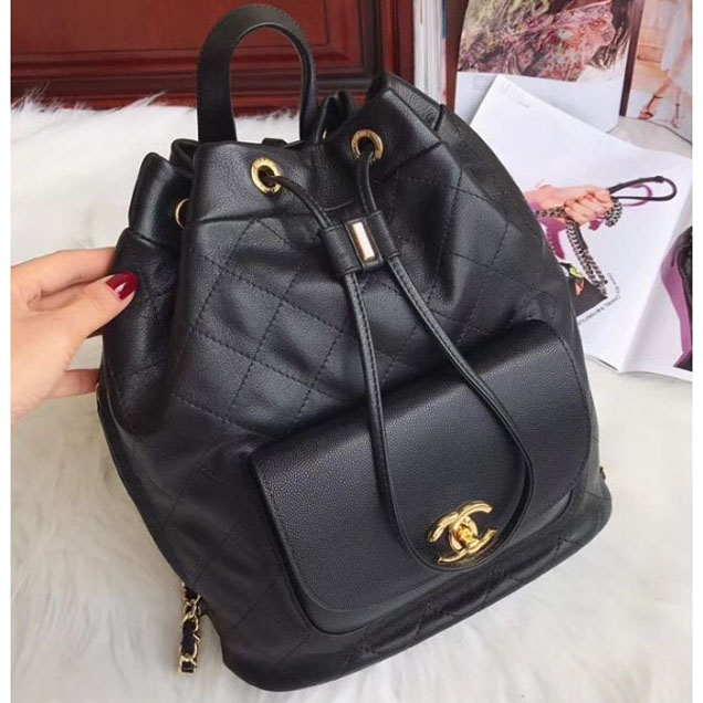 Chanel Grained Calfskin Flap Drawstring Backpack Bag Black 2018