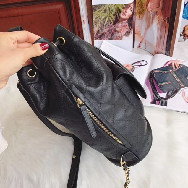 Chanel Grained Calfskin Flap Drawstring Backpack Bag Black 2018