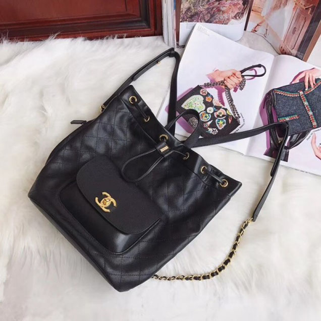 Chanel Grained Calfskin Flap Drawstring Backpack Bag Black 2018