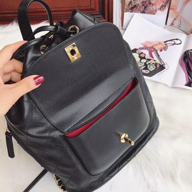 Chanel Grained Calfskin Flap Drawstring Backpack Bag Black 2018