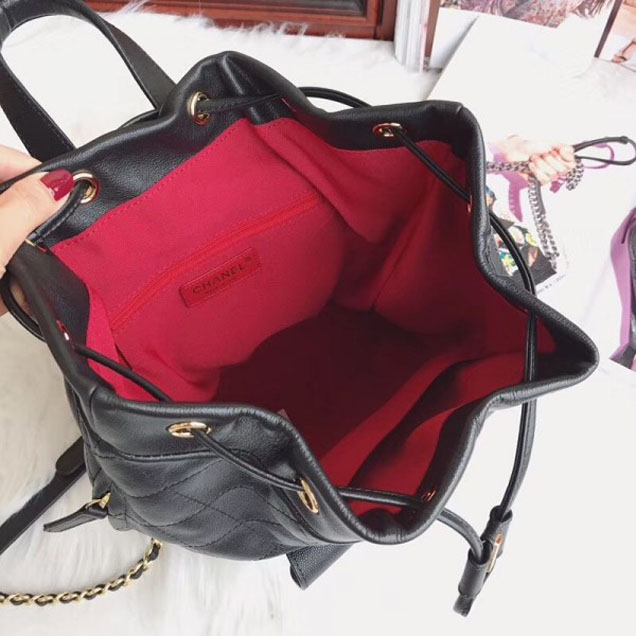 Chanel Grained Calfskin Flap Drawstring Backpack Bag Black 2018