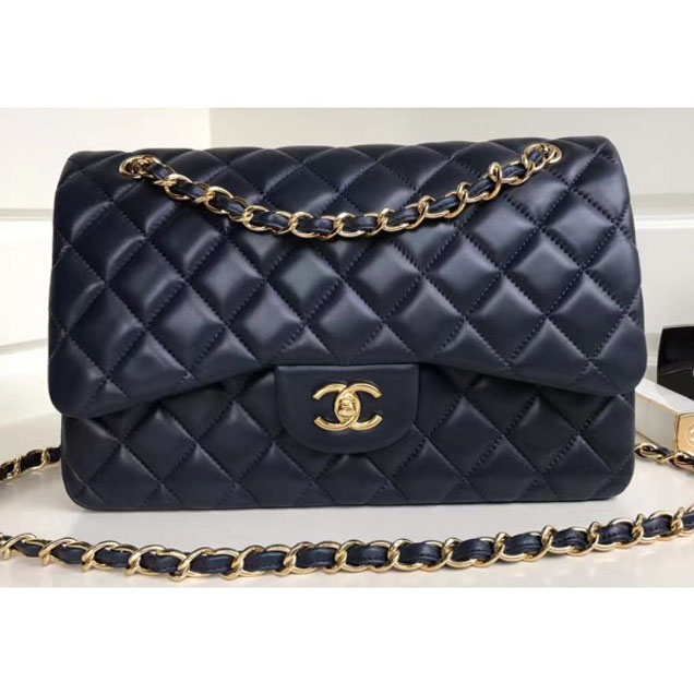 Chanel Classic Flap Jumbo/Large Bag A1113 Navy Blue in Sheepskin Leather with Gold Hardware